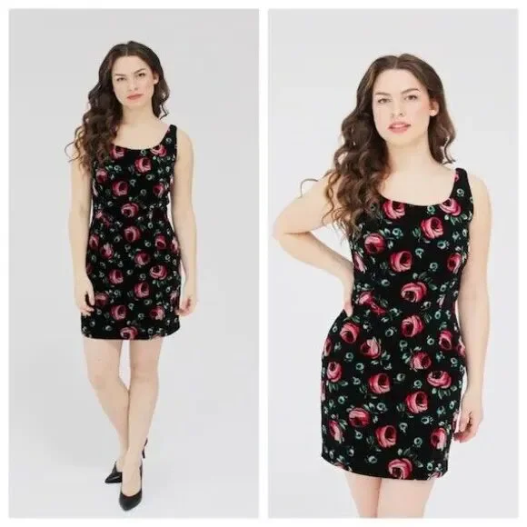 Esprit Vintage Black Velvet Floral Dress Pink Blue Roses Sz 5/6 - Picture 2 of 15